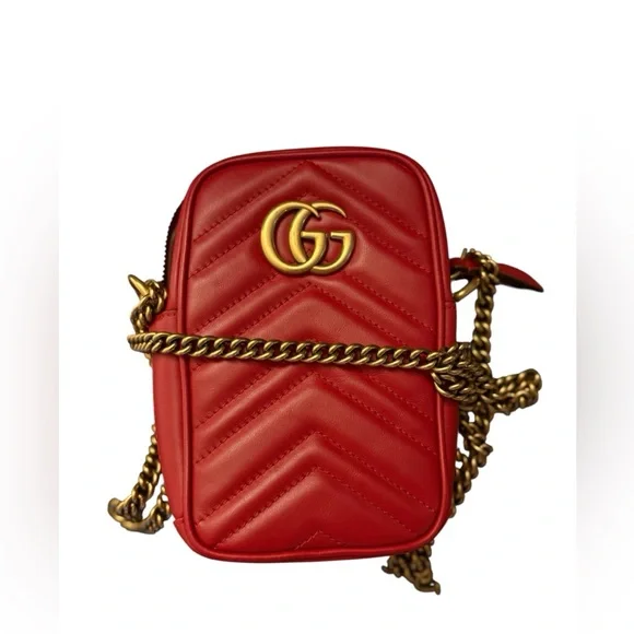 NIB Gucci GG Marmont Vertical Phone Bag - Red Matelassé Leather Full Inclusion - Picture 2 of 13